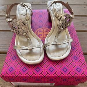 Tory Burch Miller Heeled Sandal in Spark Gold with box & dustbag